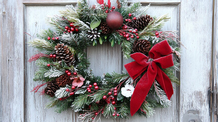 Christmas wreath on a rustic wooden door