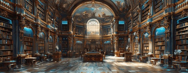 Fototapeta premium Endless Library with Ancient Books and Historical Manuscripts, Illuminated by Blue Light from Above, Featuring a Large Desk and Wooden Shelves