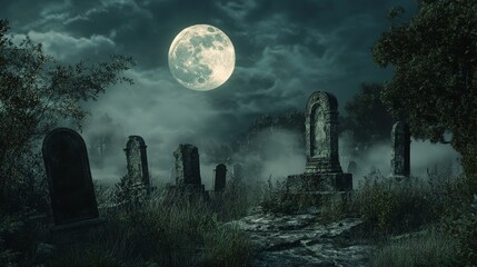 A full moon glowing brightly over an ancient graveyard, with the cloudy sky adding to the mysticism, tombstones casting eerie shadows on the mist-covered ground.