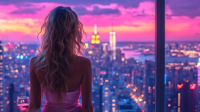 Fototapeta A woman on a floor of a building, inside a bedroom, the wall in front is completely made of glass, in the window you can see a New York style night city, 
