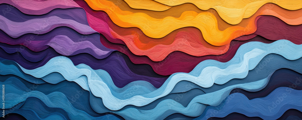 Poster a vibrant, layered abstract design featuring wavy lines in various colors, creating a sense of depth