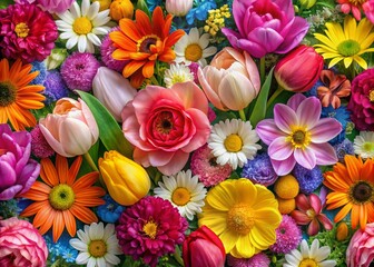 Fine Art Collage of Colorful Spring Flowers Creating a Vibrant Seamless Background for Home Decor, Greeting Cards, and Nature-Themed Designs