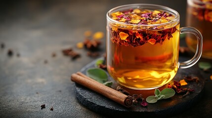 Aromatic Herbal Tea in Glass Mug with Spices