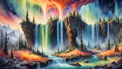 Vibrant rainbow waterfalls cascade down a mystical cliff face into a serene valley, surrounded by lush evergreen forests and misty mountains.