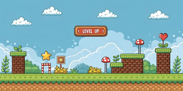Retro style pixel art game background with level up button	