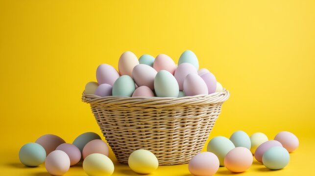 Wicker basket filled with pastel Easter eggs on a vibrant yellow table - Powered by Adobe