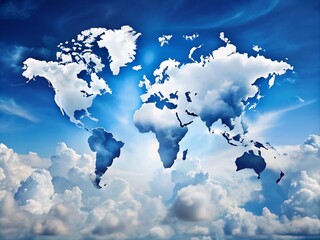 Fluffy Clouds Shaping the World Map in a Stunning High Depth of Field Scene, Showcasing a Dreamy Sky Filled with Imaginative Cloud Formations and Vibrant Colors