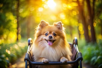 Fluffy Pomeranian Dog in a Stroller with Funny Tilted Muzzle Surrounded by Nature, Captured with Bokeh Effect for a Whimsical and Heartwarming Scene