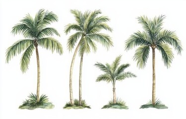 Watercolor illustration of palm trees tropical plants with green leaves on white background