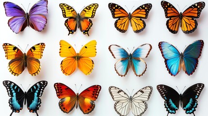 A collection of twelve colorful butterflies displayed on a white background.