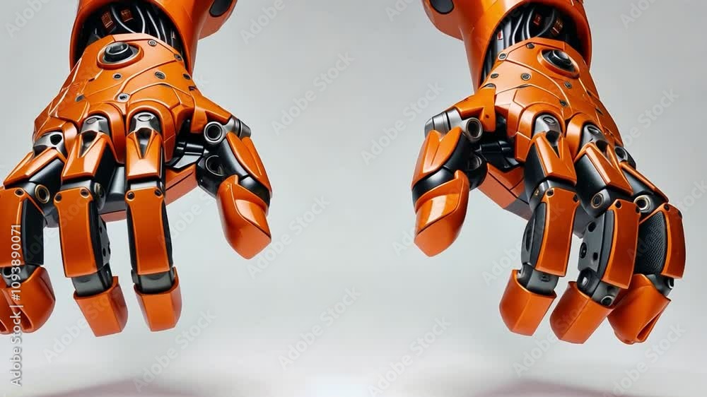 Poster Two futuristic robotic hands with vibrant orange exteriors display intricate mechanical details, symbolizing cutting-edge advancements in robotics at a technology event.