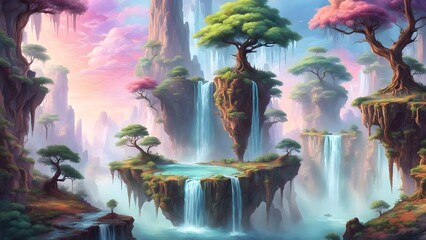 Dreamlike landscape with floating islands, waterfalls, and lush trees at sunset.