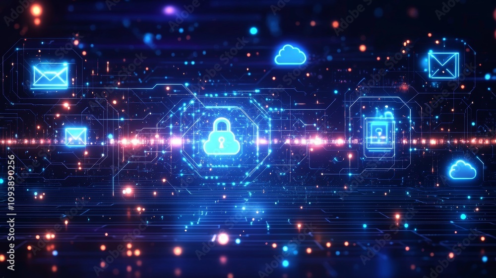 Poster futuristic cloud computing security concept with digital locks and neon circuit background