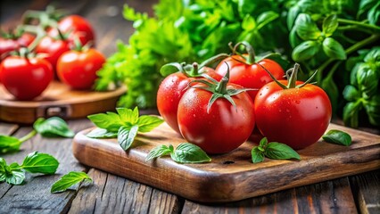 Fresh and Juicy Tomatoes on a Wooden Cutting Board with Vibrant Green Herbs, Capturing the Essence of Healthy Eating and Culinary Inspiration in a High Depth of Field Setting