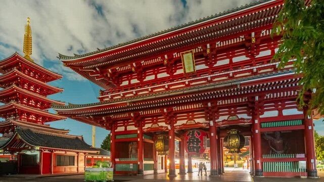 4k timelapse of tikaminarimon of sensoji in Asakusa, Tokyo, Japan. the lantern displays the name of the town Kobunacho, and the chinese words on the board mean sensoji. iconic landmark