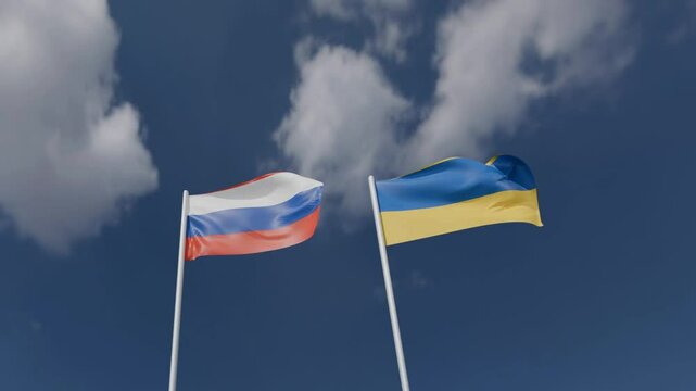 Russia ukraine flag waving blue sky cloudy wite background wallpaper copy space top view kiev war conflict military politic russian symbol ukrainian government map national army europe attack fight 