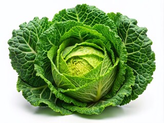 Obraz premium Fresh Green Cabbage Half Isolated on White Background - Top View Flat Lay with Full Depth of Field, Perfect for Healthy Food, Cooking, and Nutrition Imagery