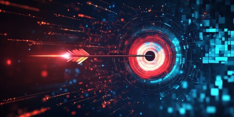 Obraz premium Dynamic abstract target visualization with a central arrow surrounded by vibrant digital patterns and colors