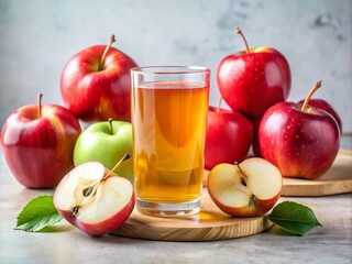 Freshly Sliced Red Apples with a Glass of Naturally Cloudy Apple Juice on a Minimalist White Background for Architectural Photography