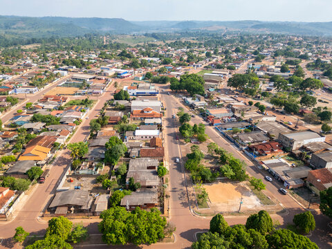 Aerial drone view of the Ruropolis city, located in Para state, Brazil, at the junction of the BR-163 and BR-230 highways