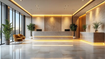 Fototapeta premium Modern and Elegant Reception Area with Natural Lighting and Stylish Furniture Featuring Contemporary Design Elements and Indoor Plants in High-Rise Building