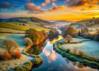 Obraz premium Frosty Morning in Torridge Valley, North Devon: Captivating Candid Photography of Winter's Embrace on Serene Landscapes and Frost-Kissed Nature Trails