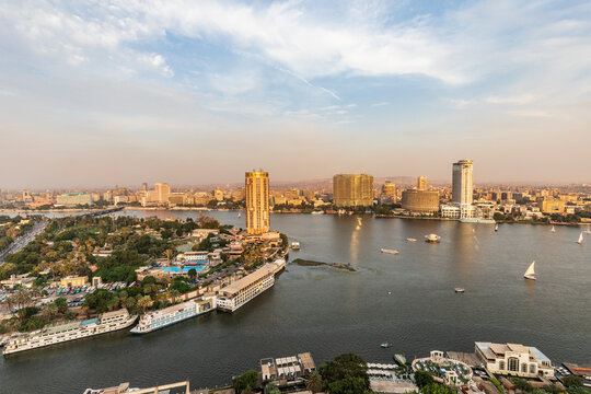 Africa, Egypt. Cairo. View of downtown Cairo and the Nile River.