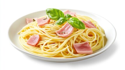 Beautifully Plated Spaghetti with Ham and Basil Garnish