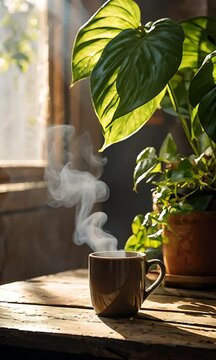 Coffee and Plant on Wooden Table