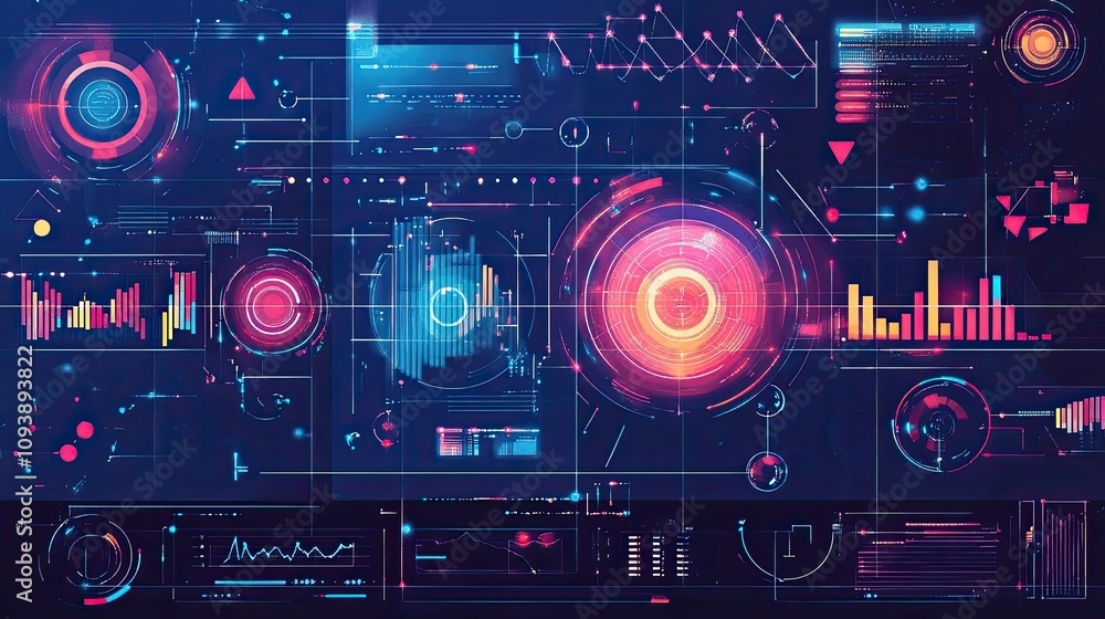 Poster futuristic interface with circular displays, graphs, and data visualizations