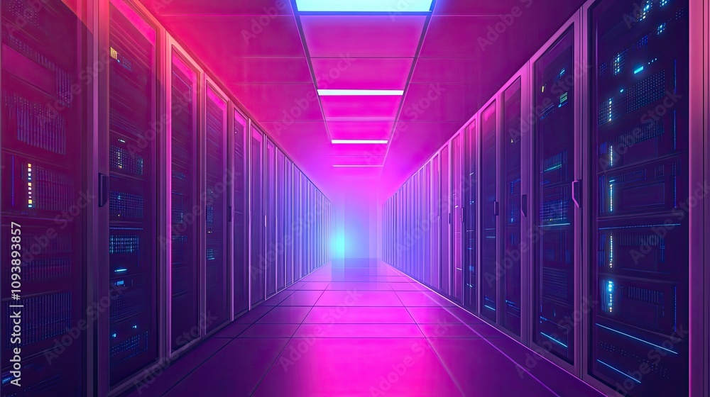Aufkleber neon-lit server room corridor with rows of data racks