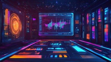 Obraz premium Futuristic Digital Interface with Neon Lights and Data Displays