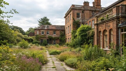 Obraz premium Old brick building with overgrown garden, classic brick design, brick exterior walls, vintage brick facades