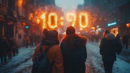 Couple walking in snowy city street at night, fiery 1090 time display.