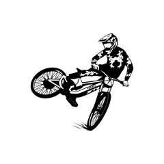 freestyle downhill bike racer lifts rear wheel black and white line art vector