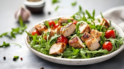 Fresh arugula salad with grilled chicken cubes.