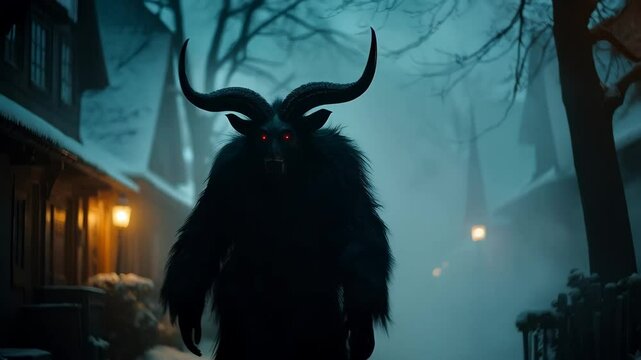 Krampus with goat horns in night winter city. Traditional Christmas devil, Yule lord. Character of European folklore. Saint Nicholas Day, Halloween, Yule, pagan New Year