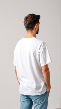 Casual fashion trend: man in white t-shirt and jeans from back view