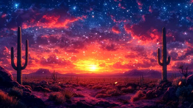 A vibrant sunset over a desert landscape with cacti and a starry sky. Seamless looping 4k video animation background 