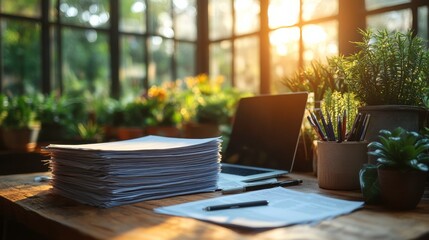 Serene Home Office Workspace with Sunlight Pouring Through Windows, Lush Green Plants, Stacks of Papers, and Modern Laptop on a Rustic Wooden Table