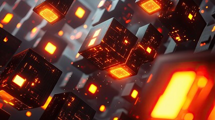 Glowing Orange Cubes in a 3D Abstract Background