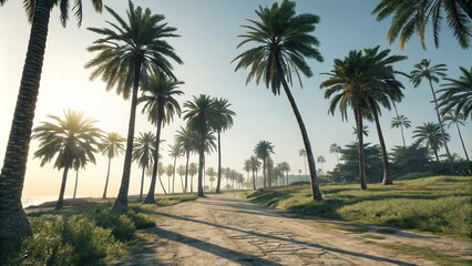 Fototapeta premium Palm trees casting dappled shadows on a sunny summer day, gardening, shaded area, outdoor decor, dappled light, plant life