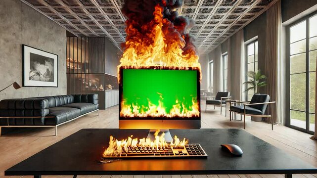 Front-facing burning computer with green screen