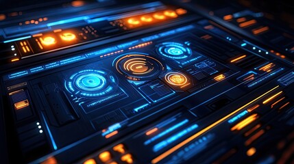Futuristic Interface with Glowing Blue and Orange Lights