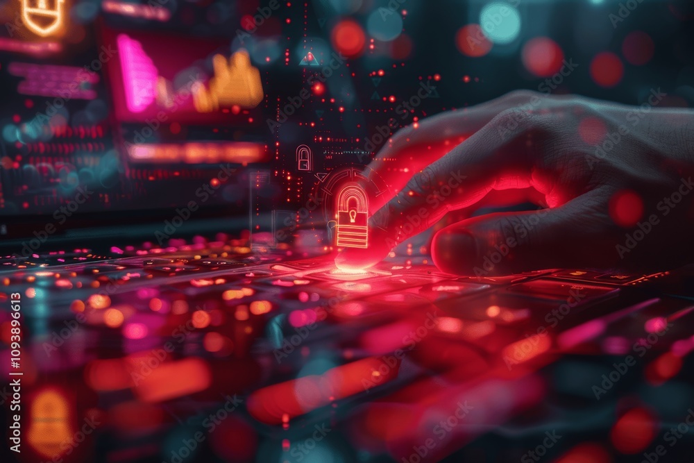 Aufkleber hand typing on laptop keyboard for cyber security data protection with hologram padlock