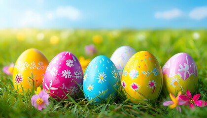 Fototapeta premium colorful easter eggs in a grassy field