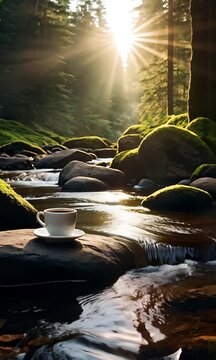 Rocky Stream and Coffee in Morning Light