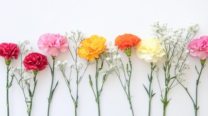 Obraz premium Colorful Arrangement of Fresh Carnations on White Background