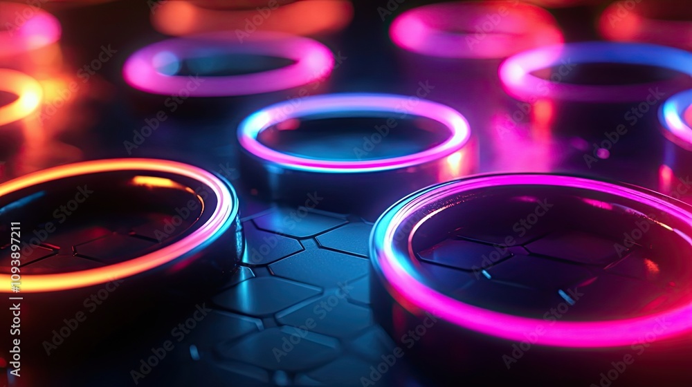 Poster neon-lit circular objects on a hexagon pattern surface