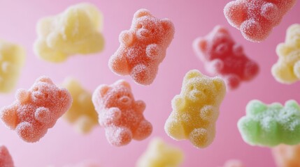 Colorful Gummy Bears Falling Against a Pink Background